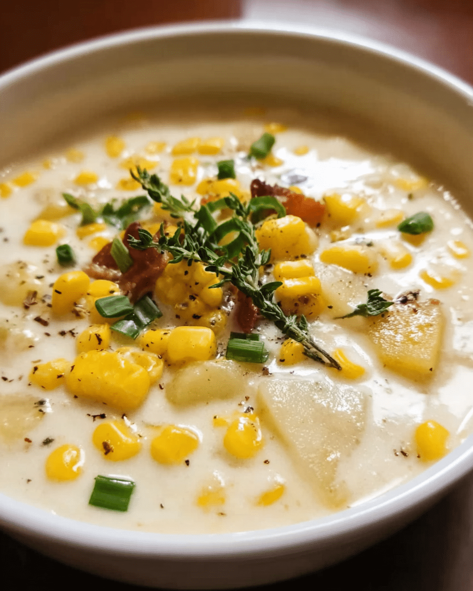 A bowl of creamy corn chowder soup with potatoes and green onions