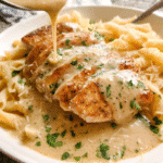 creamy garlic butter chicken in skillet with sauce