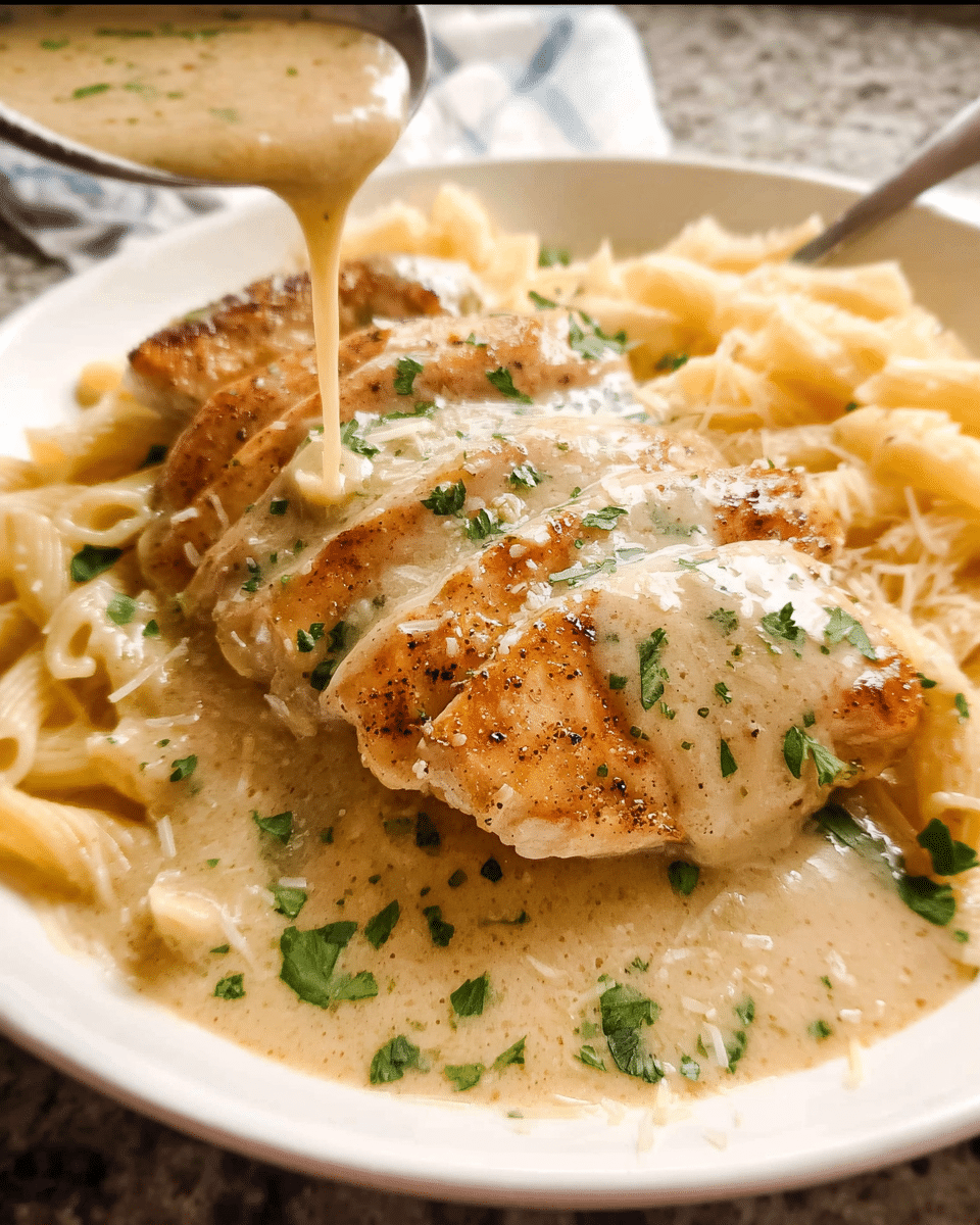 creamy garlic butter chicken in skillet with sauce