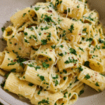 Bowl of creamy garlic butter pasta topped with parsley