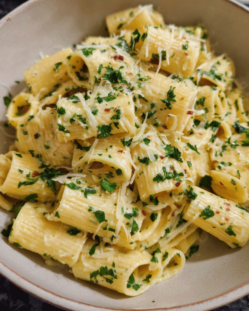 Bowl of creamy garlic butter pasta topped with parsley
