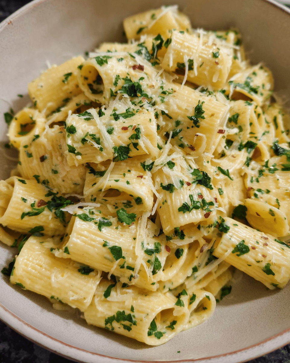 Bowl of creamy garlic butter pasta topped with parsley