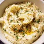 creamy garlic mashed cauliflower in a bowl with herbs