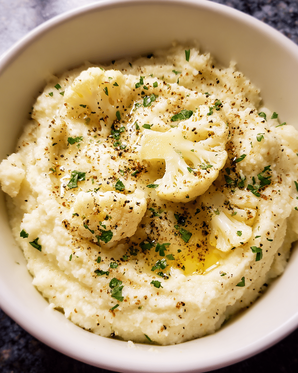 creamy garlic mashed cauliflower in a bowl with herbs