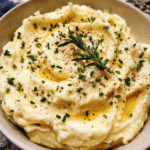 creamy garlic mashed potatoes in a bowl with chives