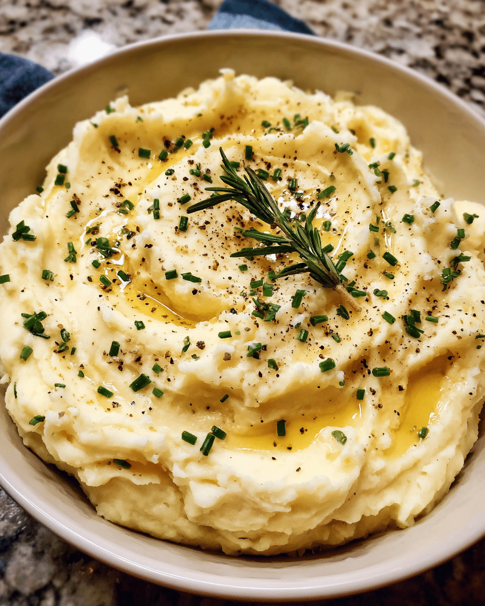 creamy garlic mashed potatoes in a bowl with chives