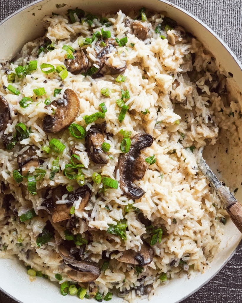 creamy garlic mushroom rice served with green onions