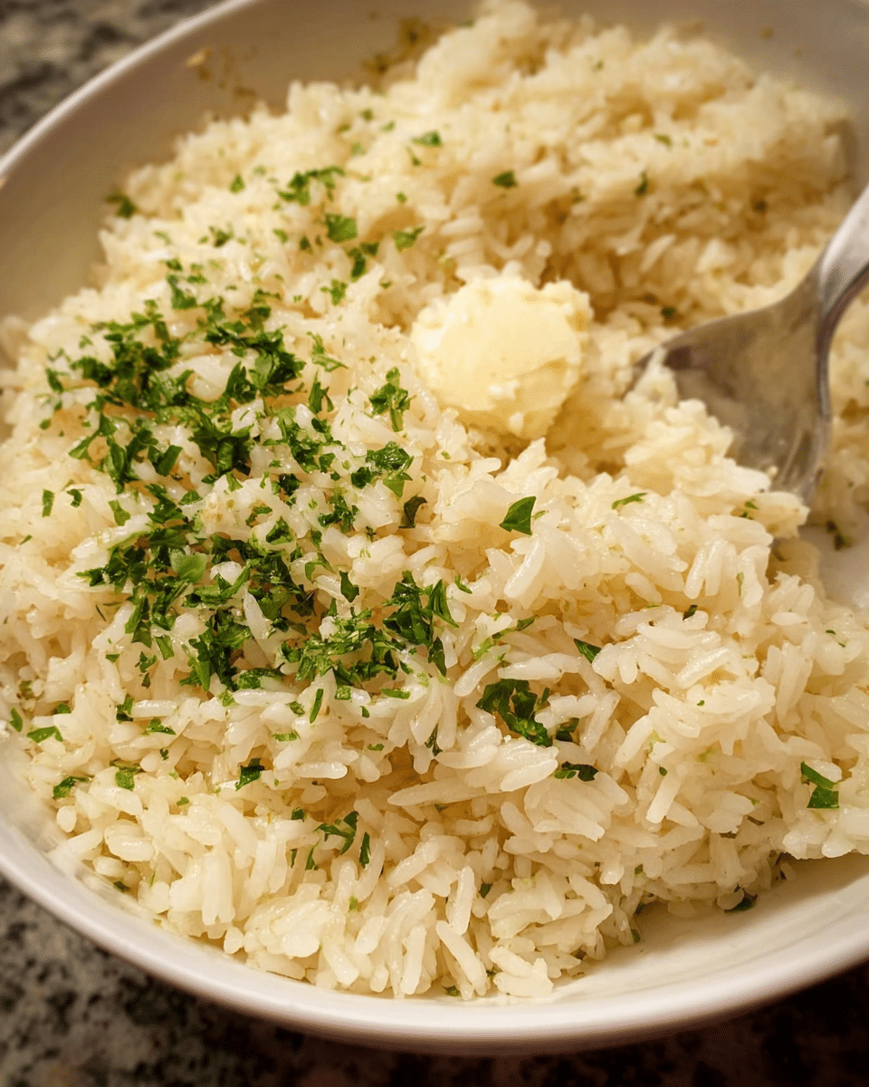 Creamy garlic rice served warm with parsley garnish