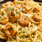 creamy garlic shrimp pasta in skillet with parsley