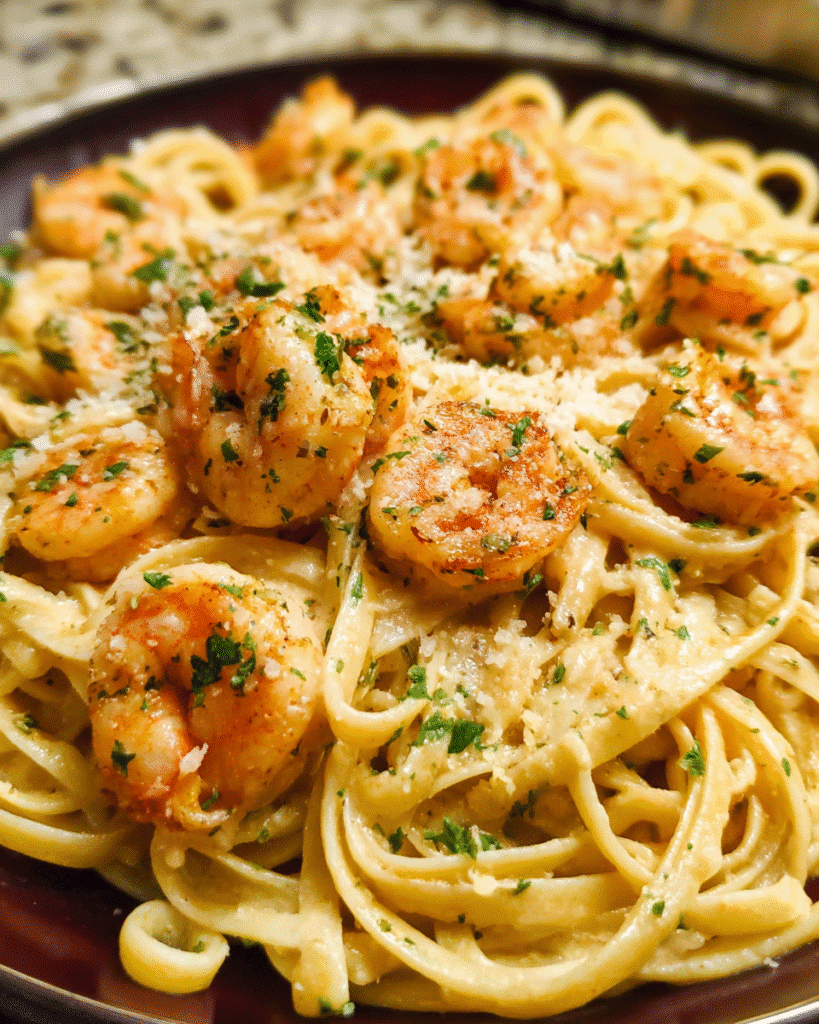 creamy garlic shrimp pasta in skillet with parsley