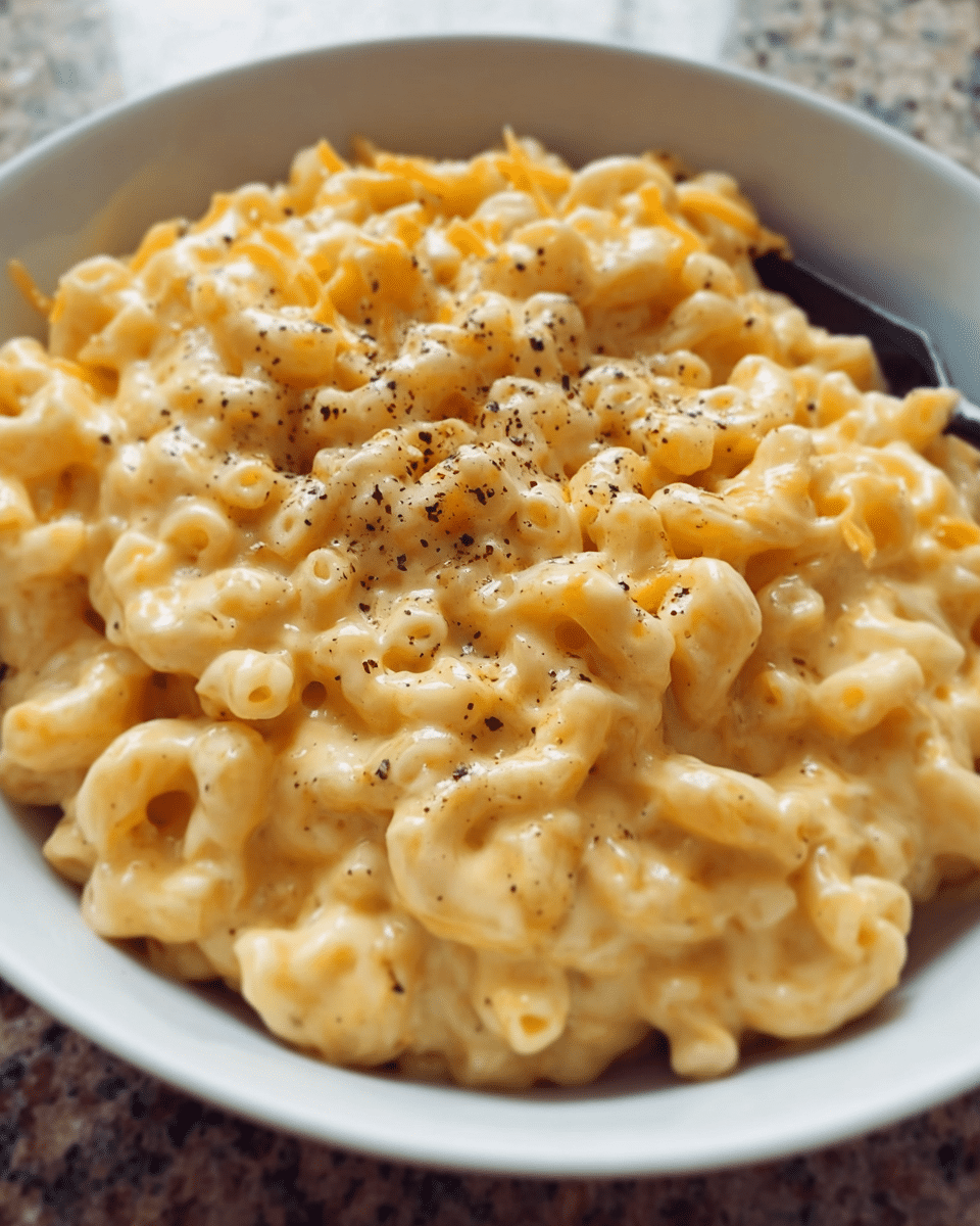 creamy mac and cheese stovetop in a bowl with melted cheddar