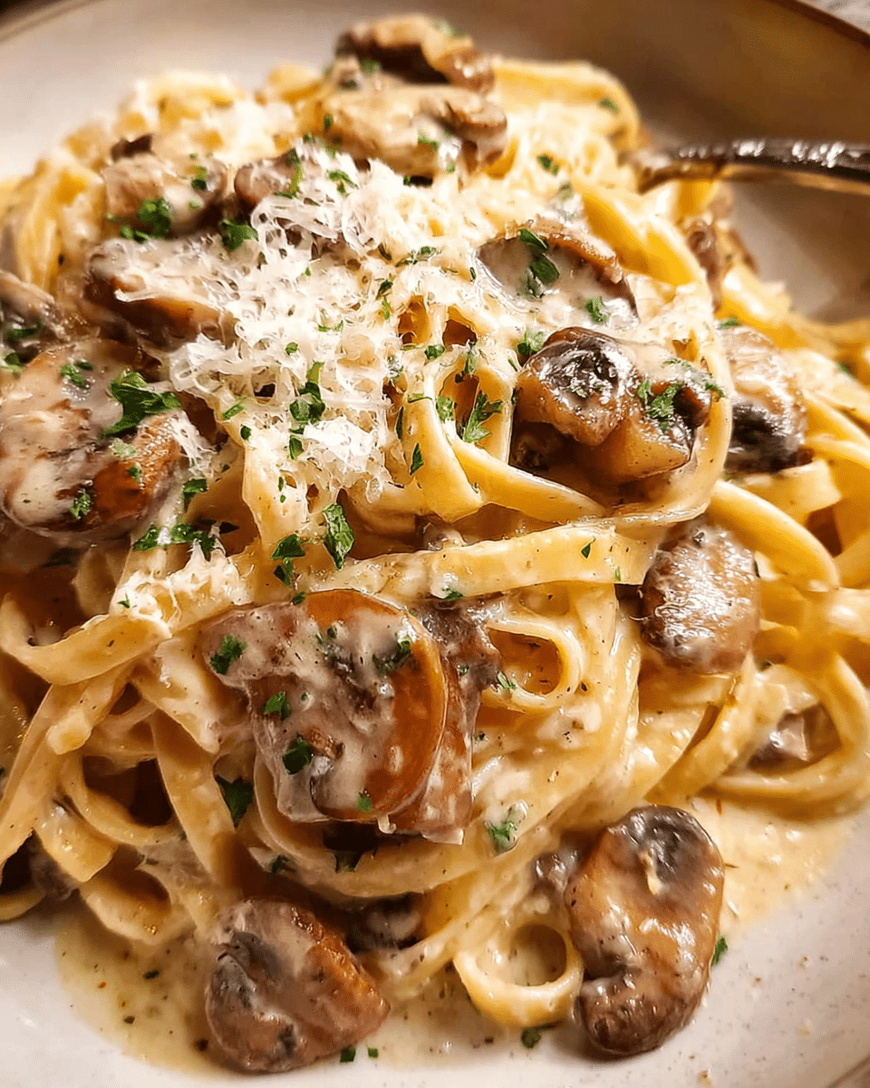 Creamy mushroom pasta in a bowl topped with parmesan and parsley