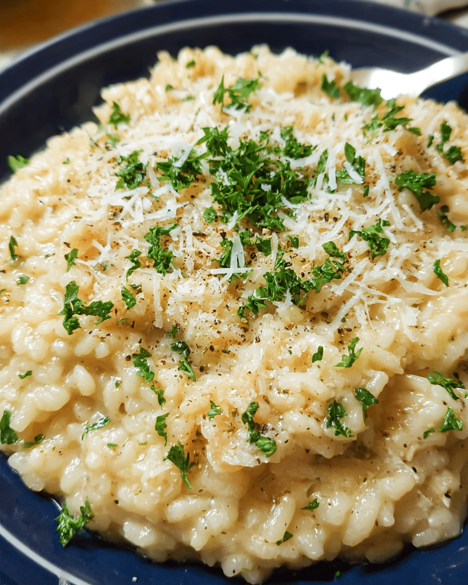 Creamy parmesan risotto served in a bowl with parsley