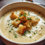 creamy potato and leek soup with croutons and chives