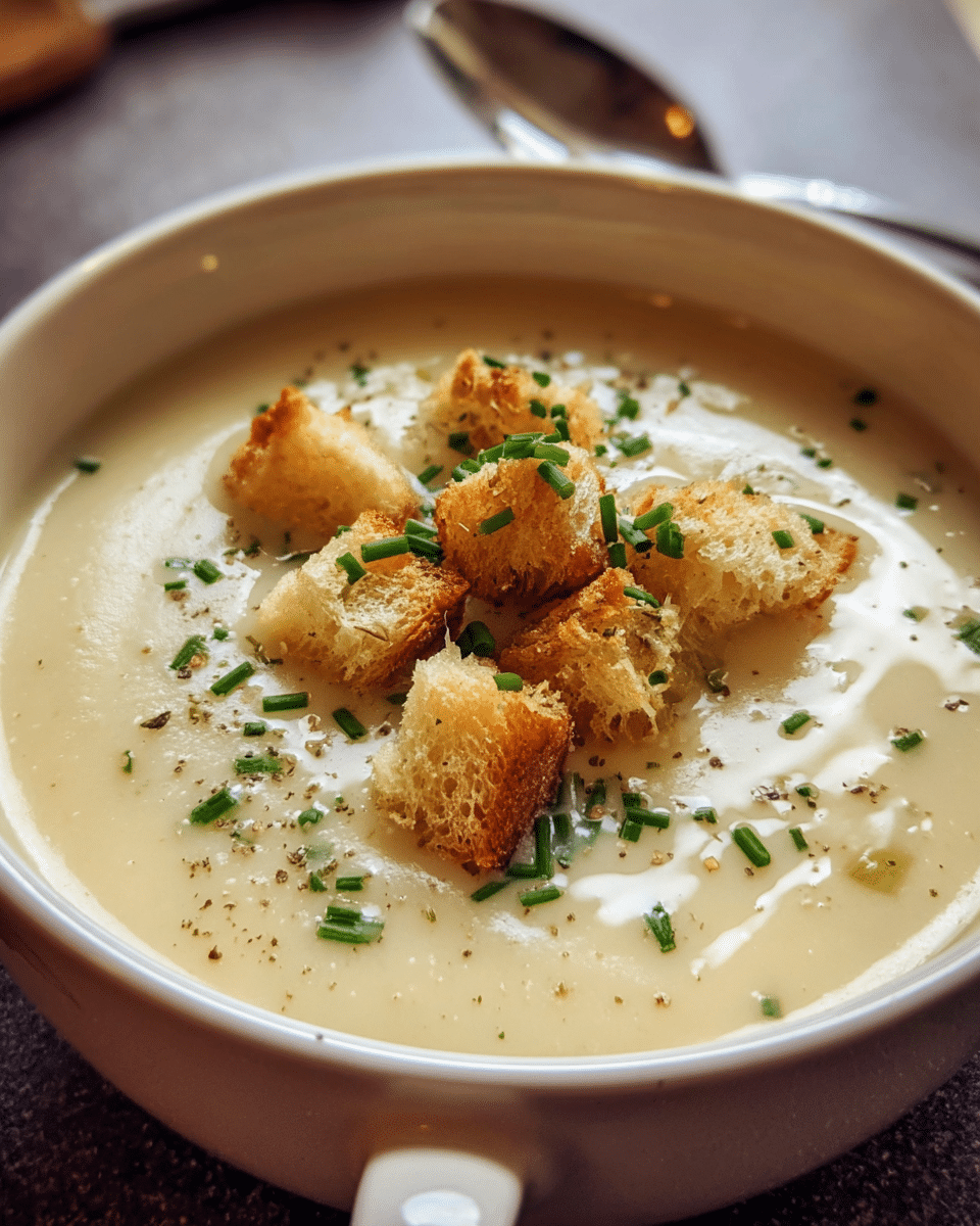 creamy potato and leek soup with croutons and chives