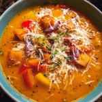creamy roasted vegetable soup in a bowl with thyme