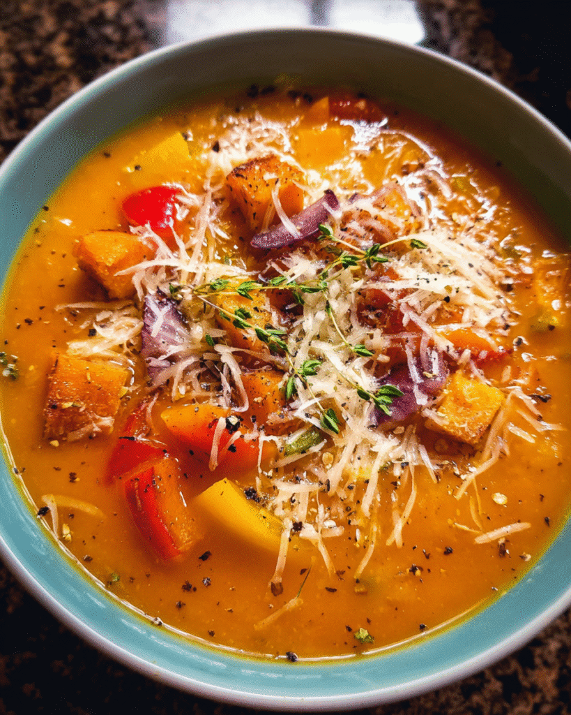 creamy roasted vegetable soup in a bowl with thyme