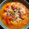 creamy roasted vegetable soup in a bowl with thyme