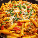 creamy sausage pasta skillet in pan with basil and parmesan