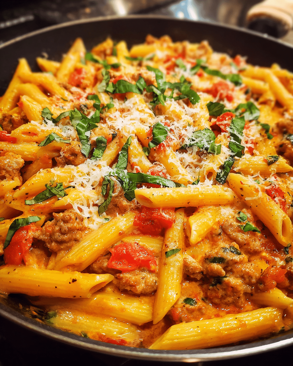 creamy sausage pasta skillet in pan with basil and parmesan