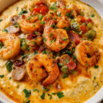 creamy shrimp and grits served in a bowl with sausage and gravy
