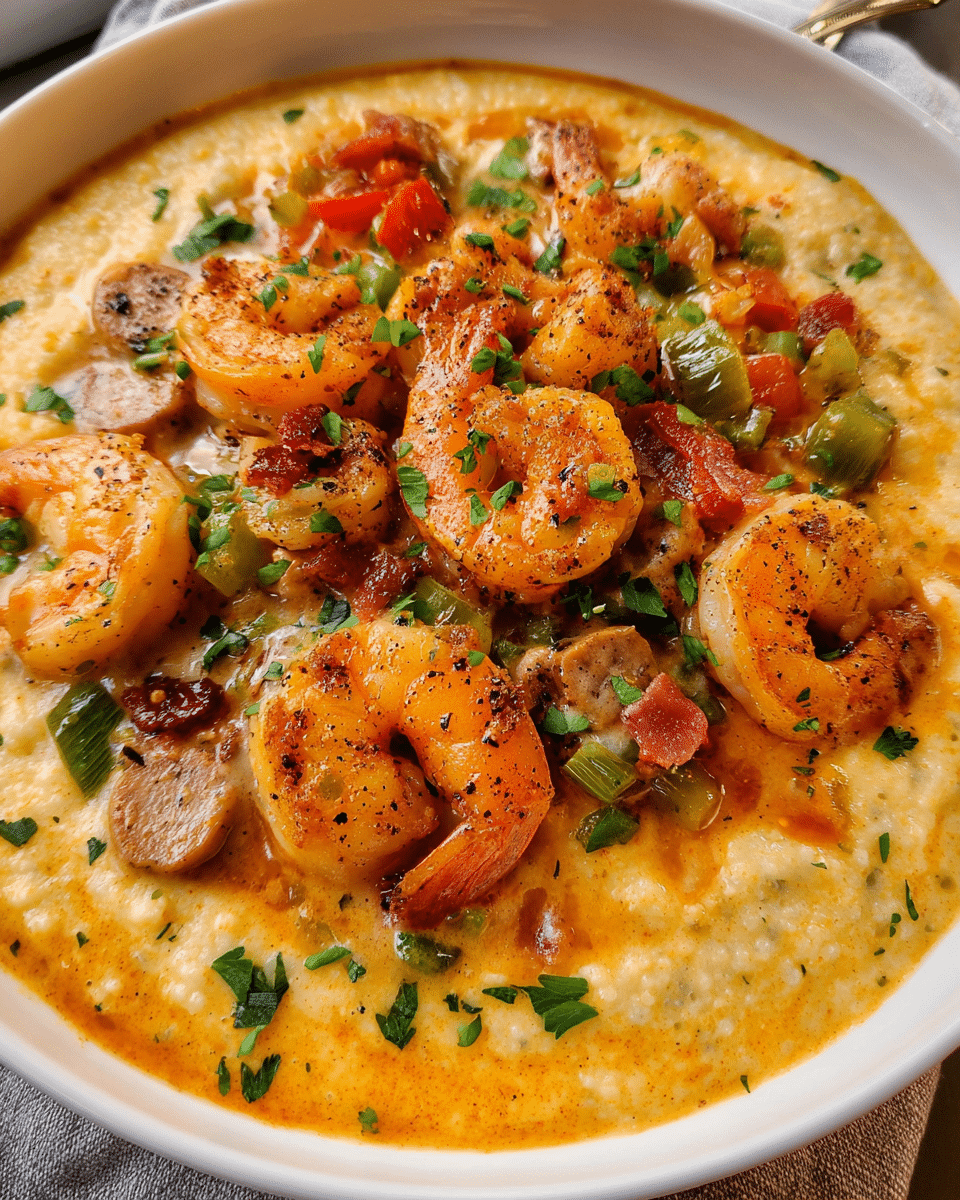 creamy shrimp and grits served in a bowl with sausage and gravy