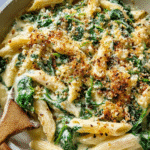creamy spinach and cheese pasta in a skillet with breadcrumbs