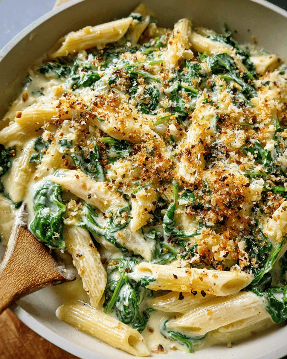 creamy spinach and cheese pasta in a skillet with breadcrumbs