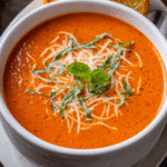 creamy tomato soup in bowl with basil and parmesan
