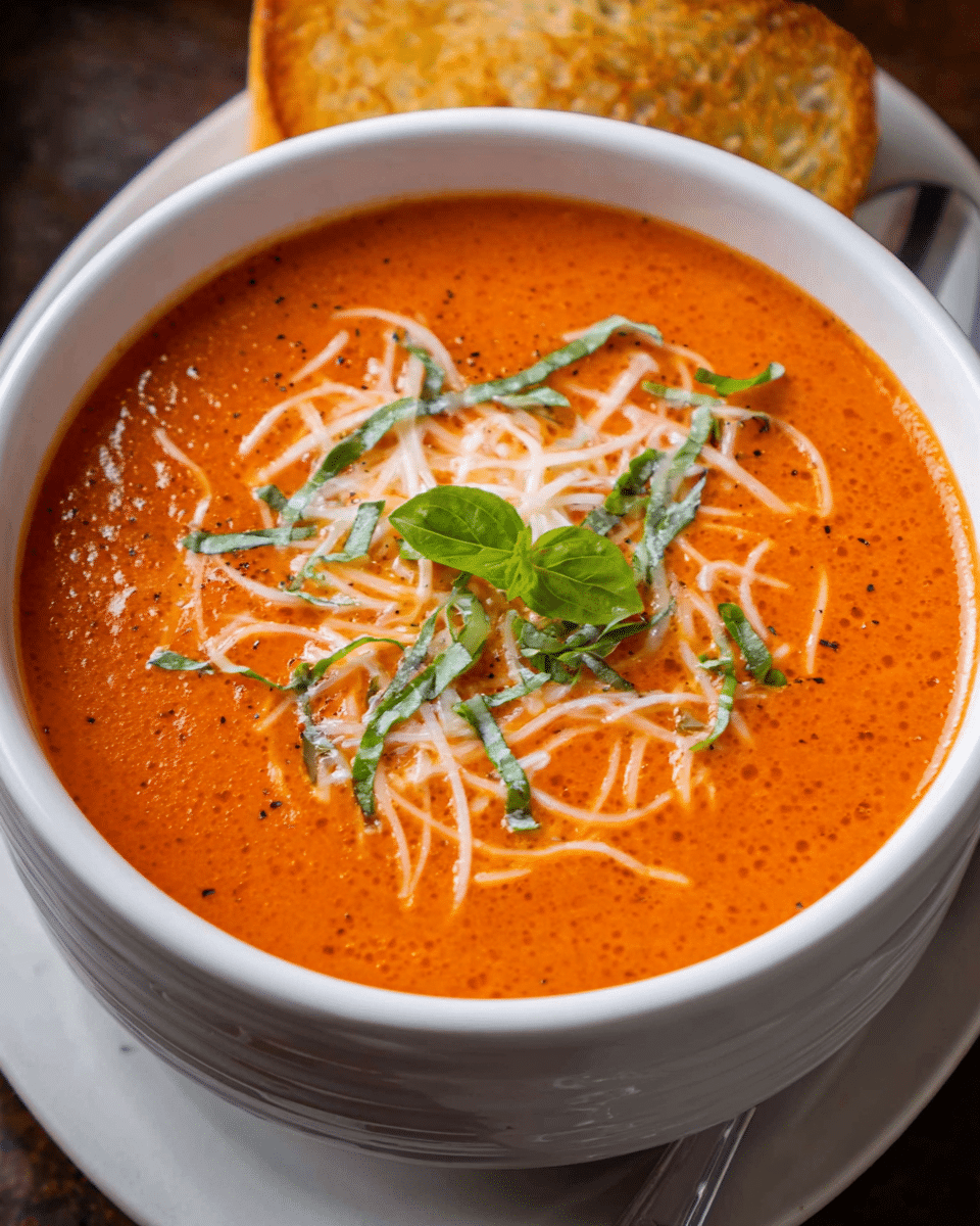 creamy tomato soup in bowl with basil and parmesan