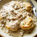 homemade biscuits and gravy served warm with creamy sausage gravy