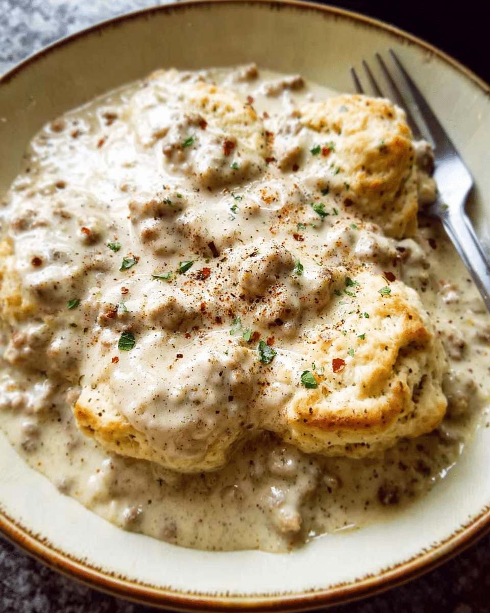 homemade biscuits and gravy served warm with creamy sausage gravy