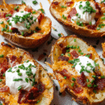 Loaded baked potato skins topped with cheddar cheese turkey bacon sour cream and chives