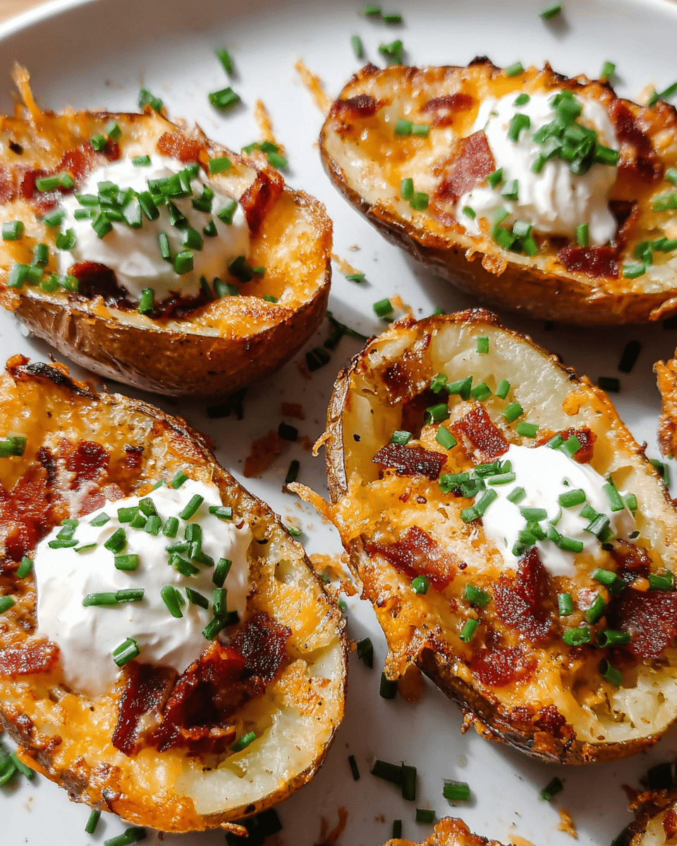 Loaded baked potato skins topped with cheddar cheese turkey bacon sour cream and chives