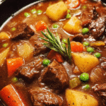 Slow cooker creamy beef stew in a bowl with vegetables