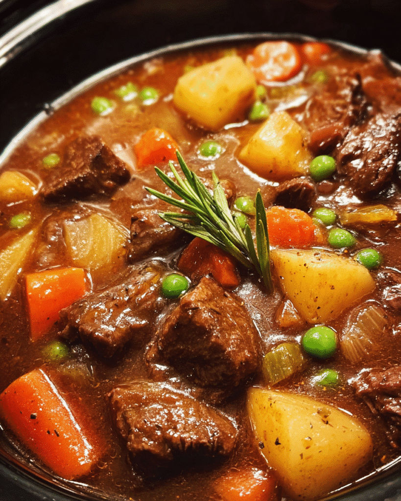 Slow cooker creamy beef stew in a bowl with vegetables