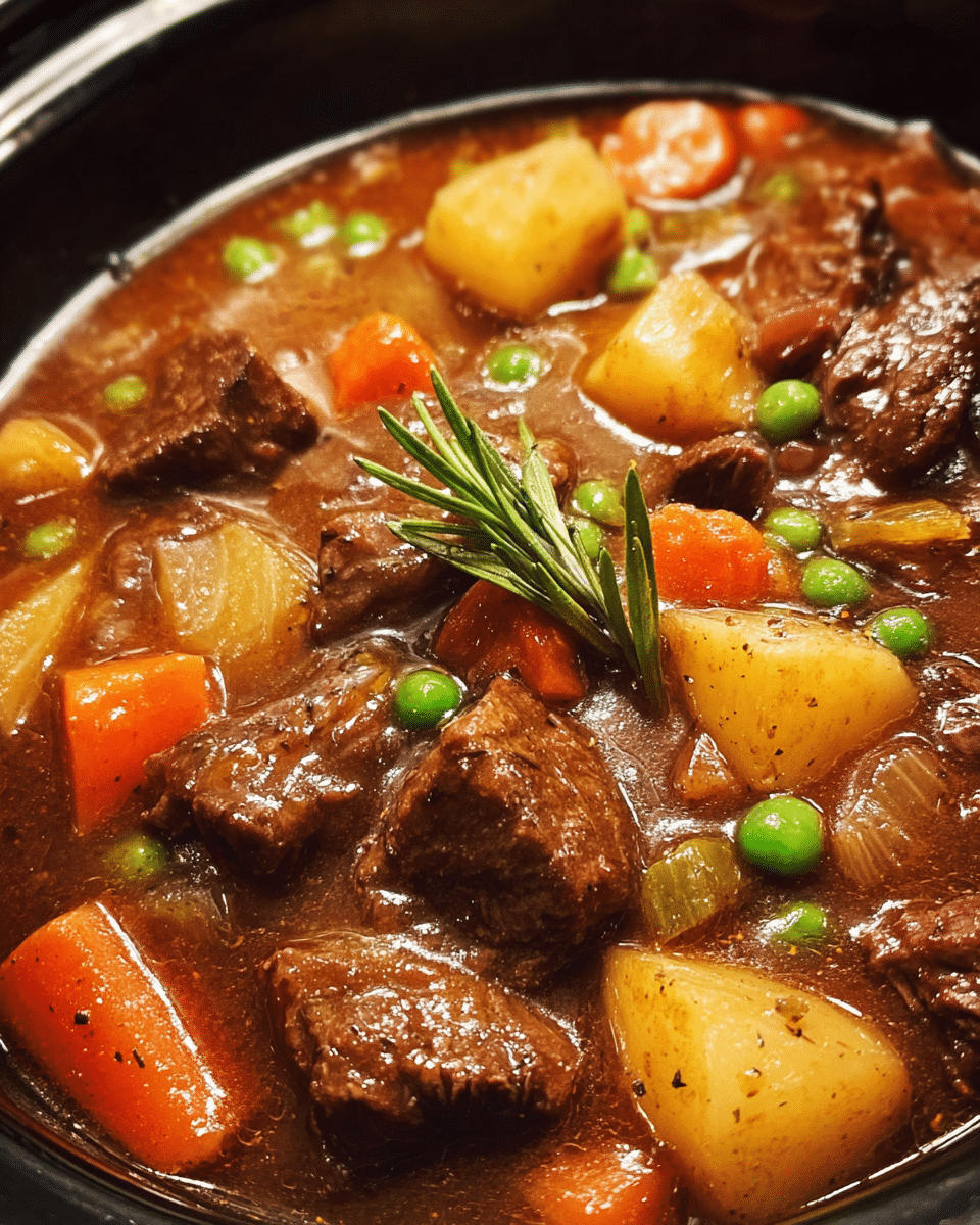 Slow cooker creamy beef stew in a bowl with vegetables