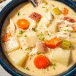 slow cooker creamy chicken stew in a bowl