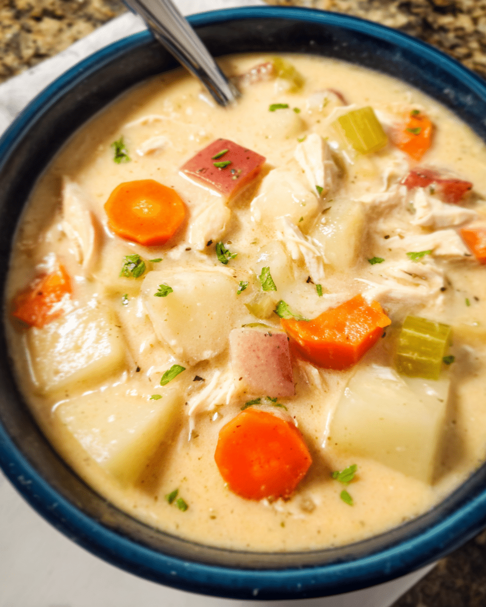 slow cooker creamy chicken stew in a bowl