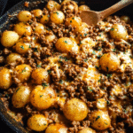 Cheesy beef and potato skillet with melted cheddar cheese