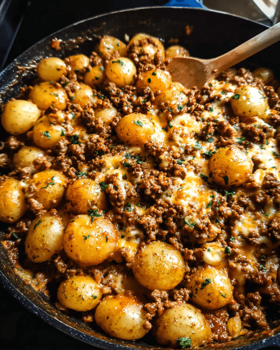 Cheesy beef and potato skillet with melted cheddar cheese