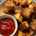Golden crispy tofu nuggets served with dipping sauce