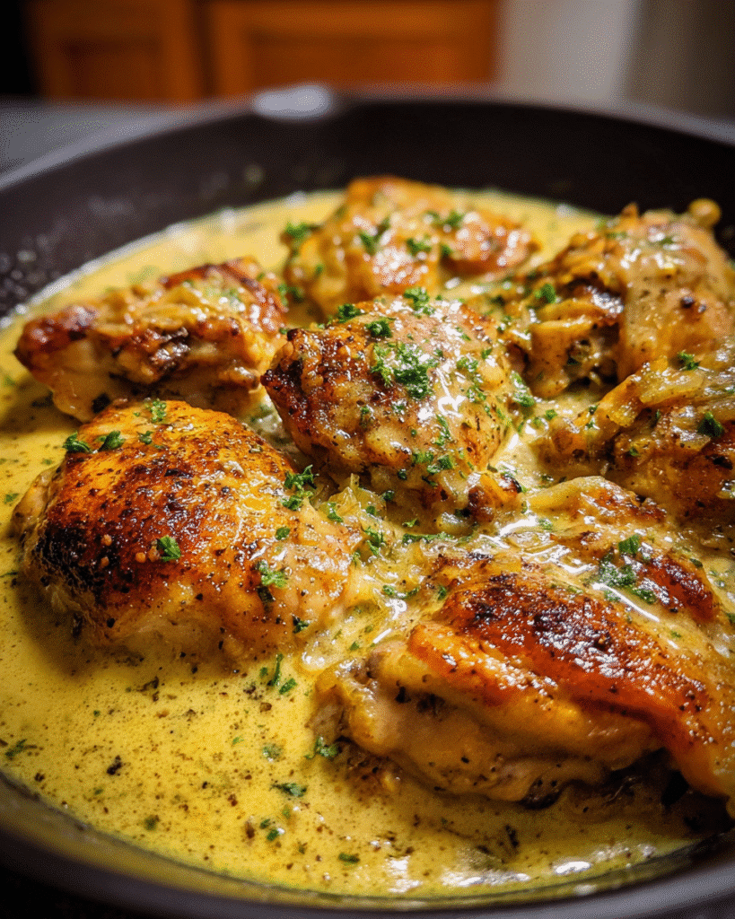 Grandma’s smothered chicken served with creamy onion gravy