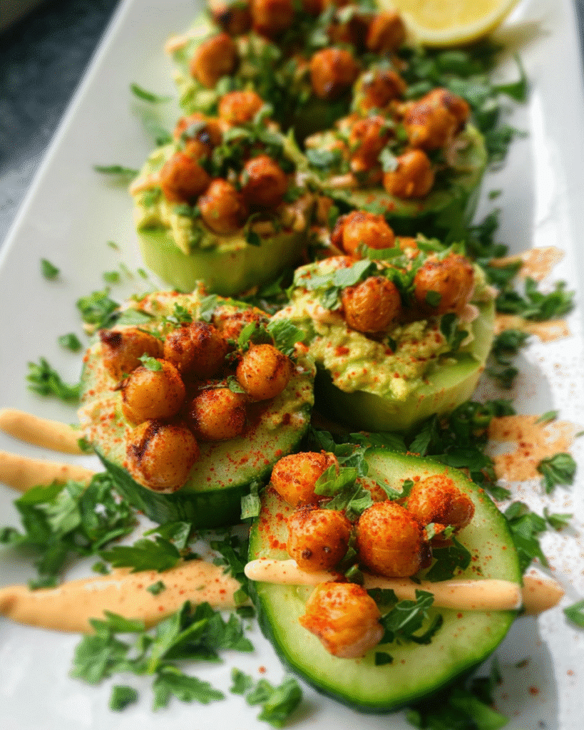 Avocado cucumber bites topped with roasted chickpeas and fresh herbs