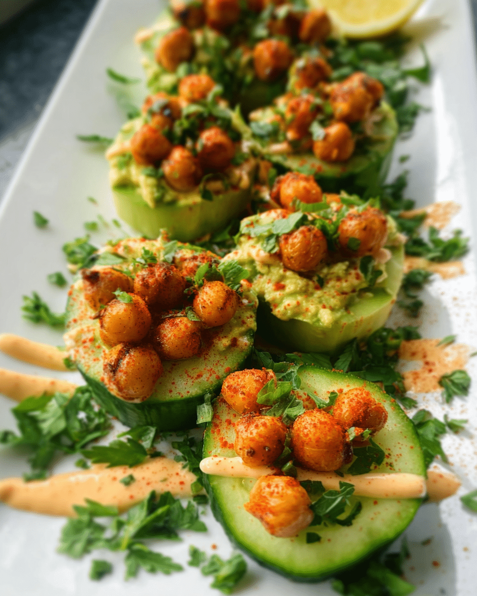 Avocado cucumber bites topped with roasted chickpeas and fresh herbs