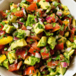 Fresh avocado salsa dip with tomatoes cilantro and lime served with tortilla chips