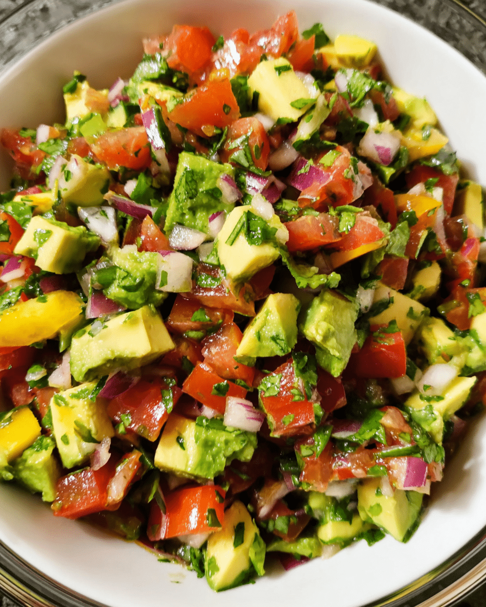 Fresh avocado salsa dip with tomatoes cilantro and lime served with tortilla chips