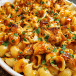 Creamy baked BBQ chicken mac and cheese topped with barbecue sauce and melted cheddar