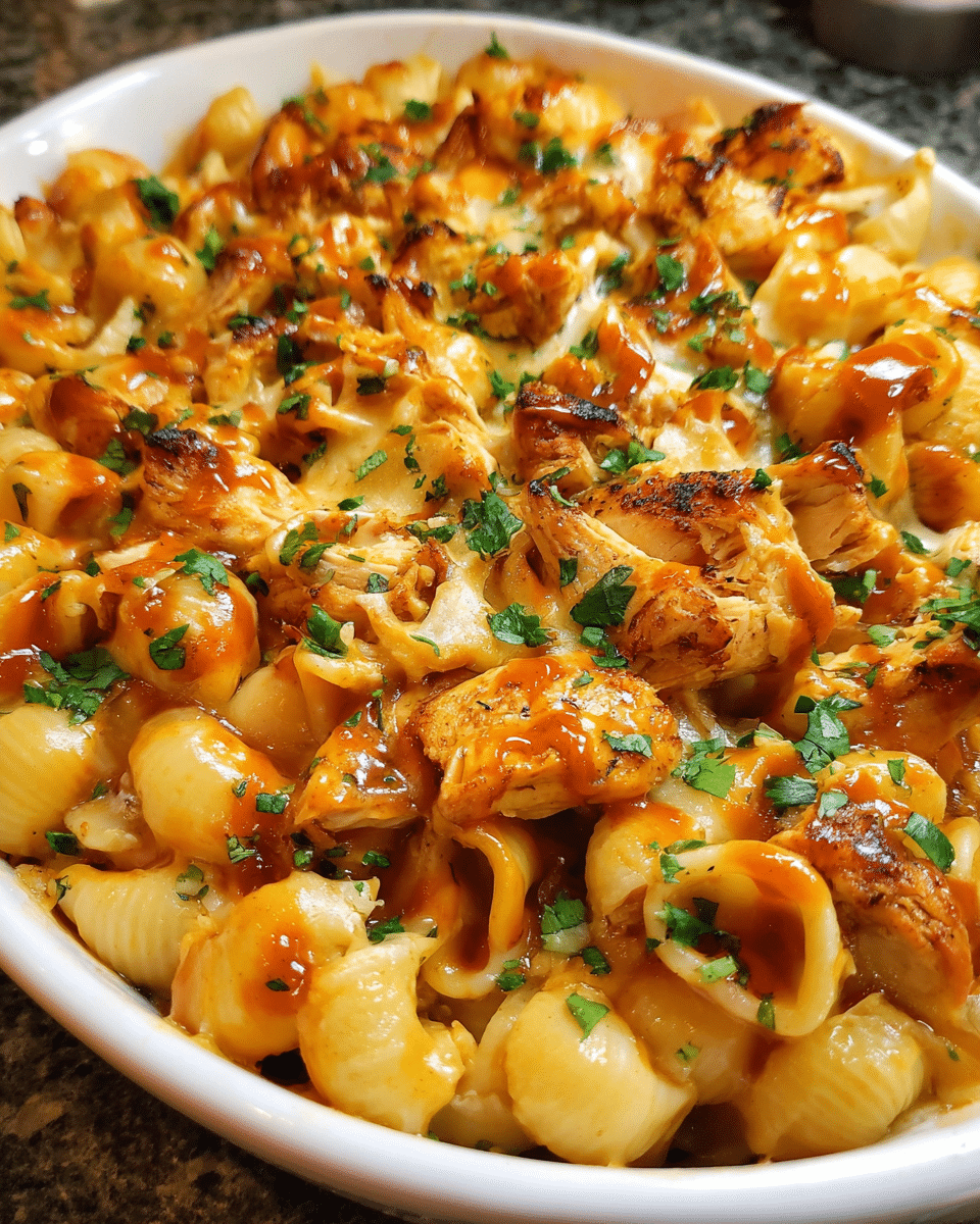 Creamy baked BBQ chicken mac and cheese topped with barbecue sauce and melted cheddar