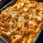Creamy baked buffalo chicken pasta topped with crispy breadcrumbs